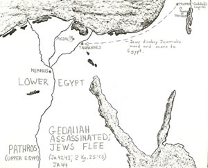 Details of the Jews flight to Egypt after Gedaliah was assaainated in Jeremiah 41-44 and 2 Kings 25:25-26 located on a map.