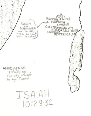 Details of Isaiah 10:28-32 located on a map.