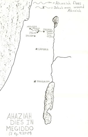 Details of 2 Kings 9:27-29 on a map showing where Ahaziah died in Megiddo.