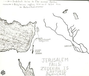 Details of Jerusalem's fall in 586 BC and the capture of Zedekiah as recorded in 2 Kings 25:4-7 and Jeremiah 52.