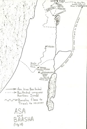 Asa, King of Judah, and Baasha, King of Israel, had military conflicts that are recorded in 1 Kings 15. This map details the locations and movements. 