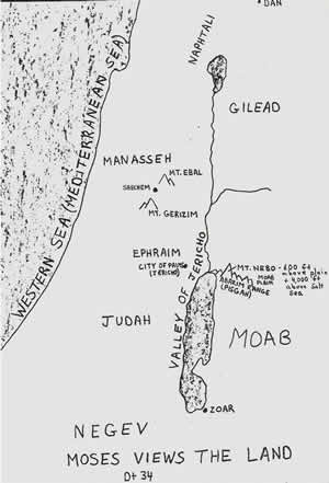 A map details the location of Deuteronomy 34 when Moses viewed the Promised Land from Mount Nebo on the east side of the Jordan. 