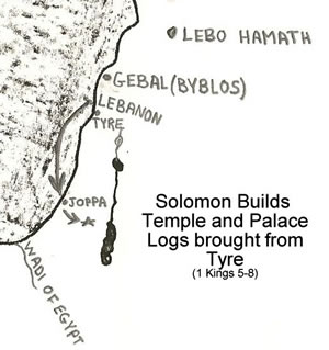 Details on a map of logs from the Forest of Lebanon being shipped from Tyre to Joppa for Solomon to build the temple and his palace according to 1 Kings 5-8. 