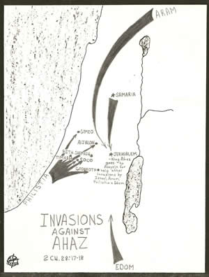 The invasions that came against Ahaz detailed on a map according to 2 Chronicles 28. 