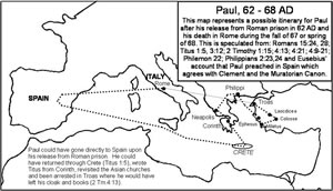 Details on a map of Paul's possible travels to Spain in the "far-west" during the years 62-68 AD as he alluded to in Romans 15:24, 28 and recorded by Eusibius which is in agreement with Clement and the Muratorian Canon. 