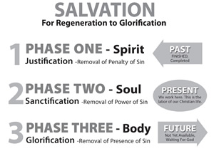 A chart from Galyn's book The Word: Apparatus for Salvation, Renewal & Maturity that identifies the three phases of salvation the believer will experience. 