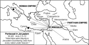 Details of the cities and lands represented in Jerusalem on the Day of Pentecost in 30 AD according to Acts 2:5-12.