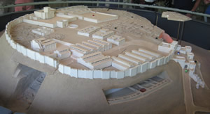 Details of the ancient city of Megiddo in a model of the city.