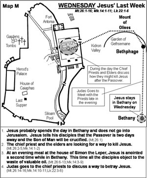 Details of Wednesday of Jesus' Last Week on a map of Jerusalem of 30 AD. More Bible Teaching