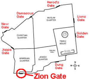 Map identifying the eight gates of the Old City Jerusalem with Zion Gate highlighted. 