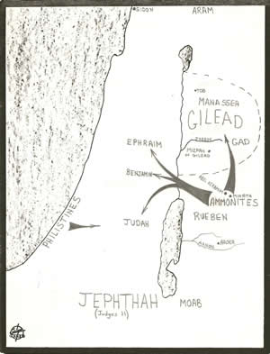 Details from Judges 11 located on a map concerning the days of the judge Jephthah. 