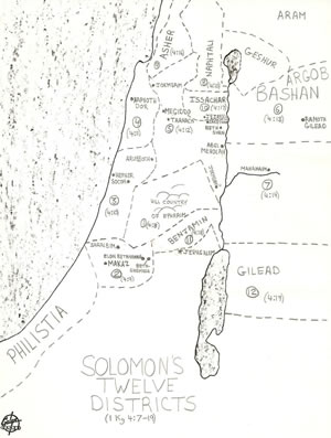 Details concerning Solomon's Twelve Districts of 1 Kings 4:7-19 located on a map.