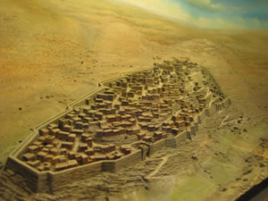 A model of Jerusalem in 2000-1000 BC while occupied by the Jebusites and conquerored by David in 1005 BC. Notice Mount Moriah setting north of the city. 