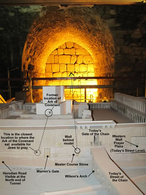 The Western Wall model that sets in the Western Wall Tunnels with the Western Wall in the lighted background is labeled in this image.