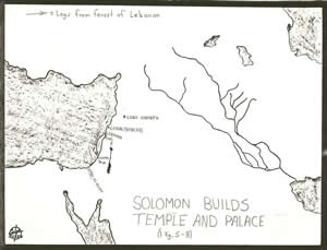 A map detailing locations mentioned in 1 Kings 5, 6, 7,  8 when Solomon build the Temple and his palace