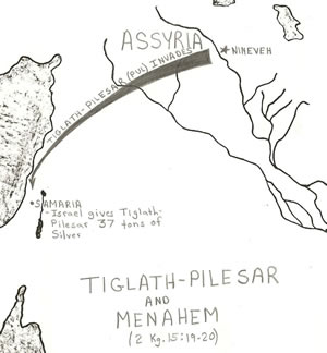Tiglath-Pilesar of Assyria subjects Israel and their king Menahem to 37 tons of silver tribute in 2 Kings 15:19-20. 