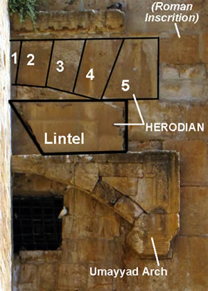 the lintel above the Double Gate that leds to the underground stairway from the New Testament times that was used to access the Temple Mound