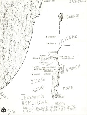 Details on a map of local sites and nearby nations referred to by Jeremiah in the book of Jeremiah. Jeremiah Map