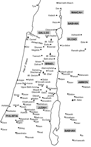 Map of cities in Judah and Israel in the Old Testament