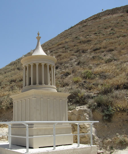 A model of Herod's tomb sets on the side of the Herodian where it was discovered in 2007. The original was smashed by Jewish Zealots during the Jewish war 66-73 AD. 