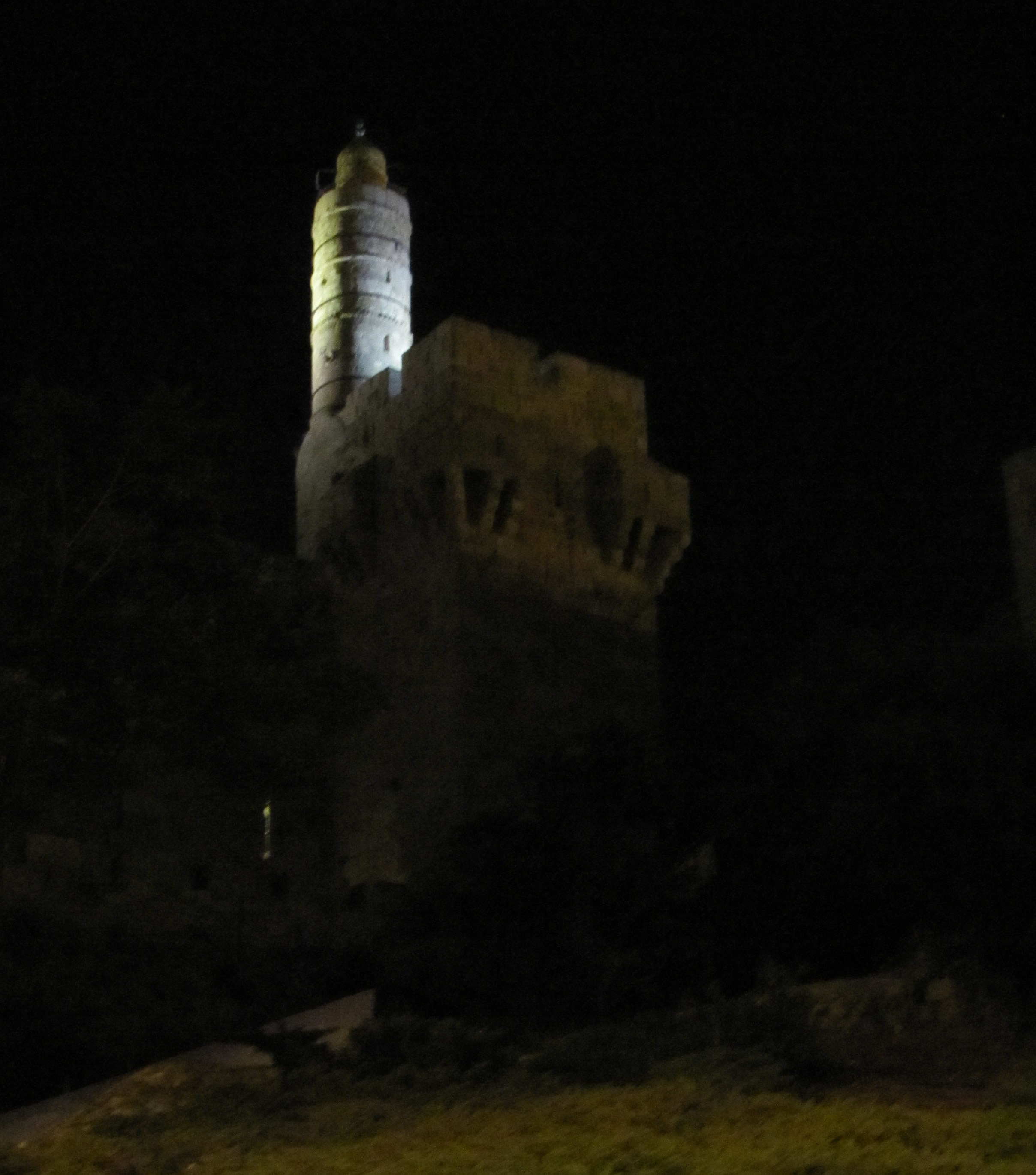 The "Tower of David" in the Citadel at night.