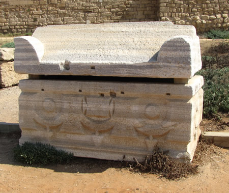 A sarcophagus in Caesarea by the Mediterranean Sea.