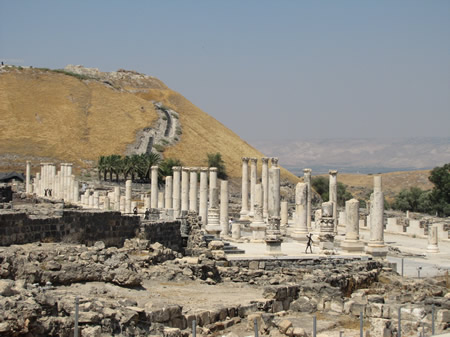 The 63 BC Roman city of Beth Shean sets at the base of the hill (tel) of the Old Testament city of Beth Shean (Beth Shan) which was occupied by Canaanites, Egyptians, and eventually, Israelites.