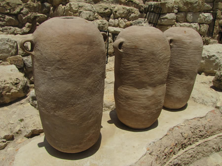 Large storage jars, pithoi, phithos, in the Ophel from Eilat Mazar's excavations in the Ophel of Solomon's walls and Old Testament gates.