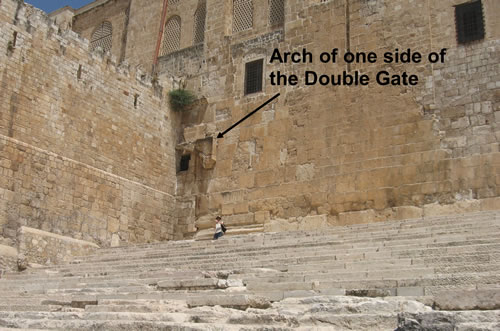 Looking up the temple stairs at the double gate or the western Huldah gate.  At the base of these stairs are hundreds of ceremonial or ritual bathes each called a mikva or mikvah in Hebrew.