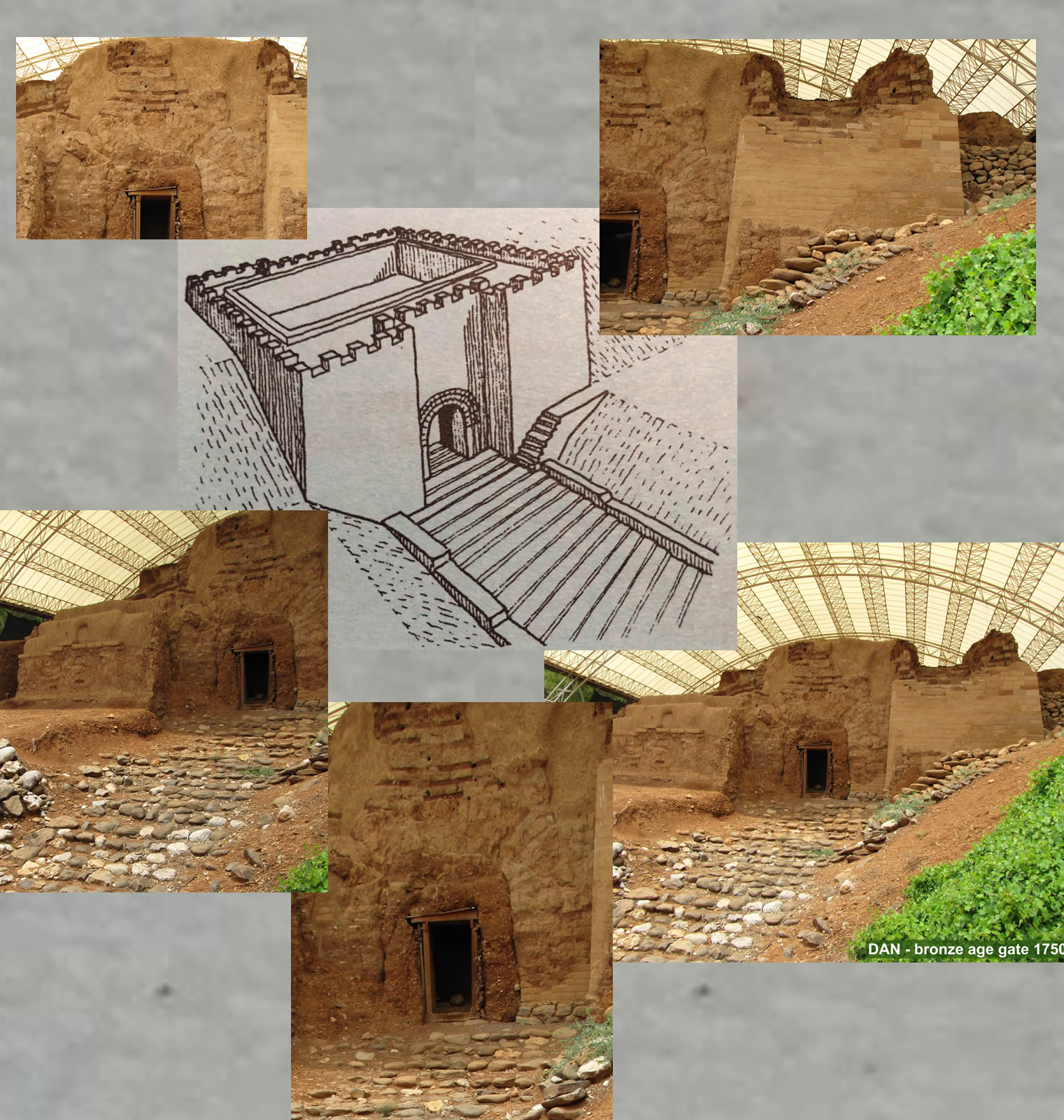 Diagram detailing Bronze Age Gate at Dan with drawing and photos