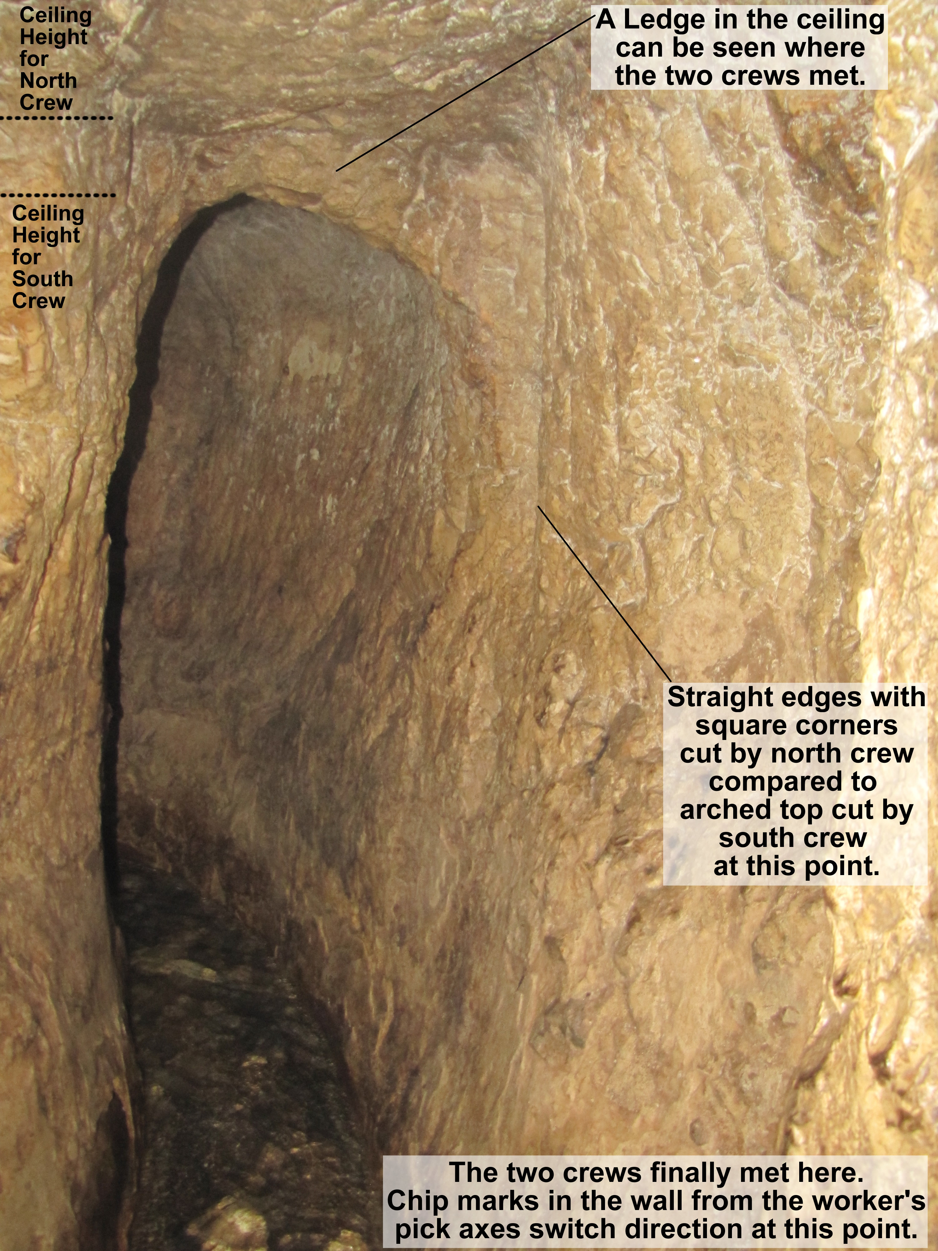 Meeting point of the two crews in Hezekiah's Tunnel one from the north and one from the south meet with ledge, pick marks, false starts