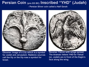 Details and description of a Persian Coin minted before 333 BC inscribed with the Aramaic letters "YHD" or "Judah." This coin was minted by Persia for the province of Judah. 