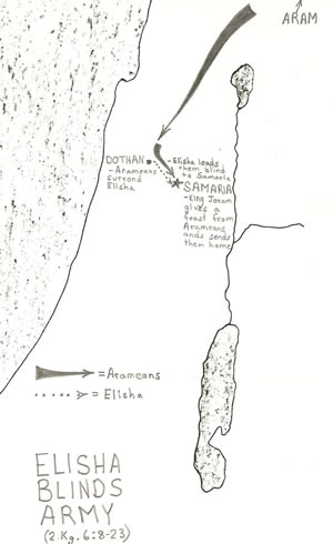 Details of 2 Kings 6:8-23 located on a map showing where Elisha blinds the Aramean army. 