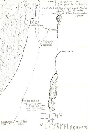 Details located on a map of 1 Kings 18:1-19:7 when Elijah called fire down on Mount Carmel and then fled to Mount Sinai.