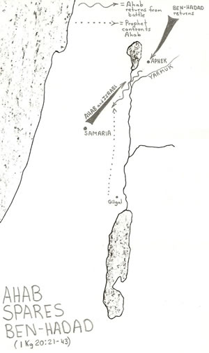 Details of the locations of the biblical account of Ahab sparing the life of Ben-Hadad in 1 Kings 20:21-43 on a map.