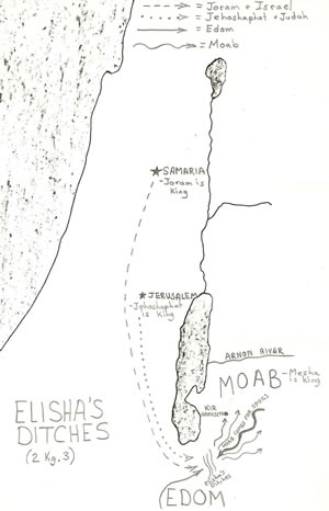 Details from 2 Kings 3 when Judah and Israel went to war agains Moab and Elisha had the troops dig trenches to supply the troops with water and deceive the enemy.