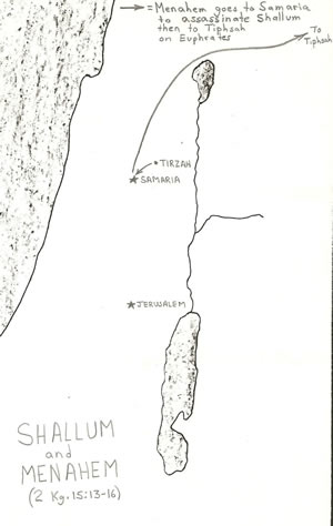 Details of Menahem's assassination of Shallum and flight to Tiphsah according to 2 Kings 15:13-16 on a map.