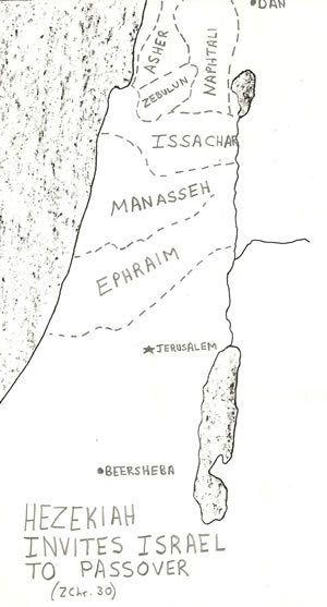 Details on a map of Hezekiah's invitation to the people of the northern kingdom of Israel to attend his revival and Passover in Jerusalem as recorded in 2 Chronicles 30