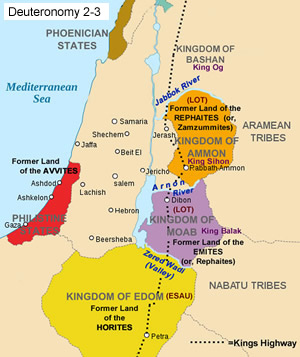 Deuteronomy 2-3 identify where the Avvites, the Horites, the Emites and teh Rephaites lived. This map shows the location of each of these people and the country they occupied at that time.