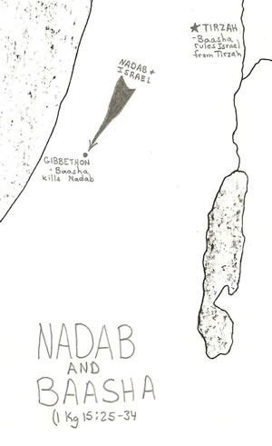 Details of Nadab and Baasha's interaction on a map as recorded in 1 Kings 15:25-34.