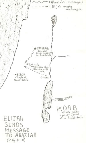 Elijah sends a message to King Ahaziah in 2 Kings 1:1-8 and the locations are detailed on this map. 