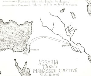 Manasseh is taken captive by Assyria in 2 Chronicles 33:10-13. The map shows the location of Manasseh's imprisonment in Babylon. 