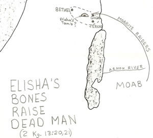 A map identifies the locations mentioned in 2 Kings 13:20-21 and associated with the raising of a dead man by the bones of Elisha.