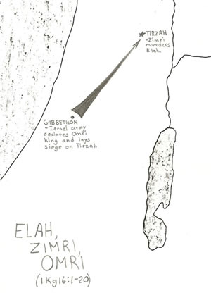 Elah, Zimri and Omri, Details from 1 Kings 16:1-20 on a map.