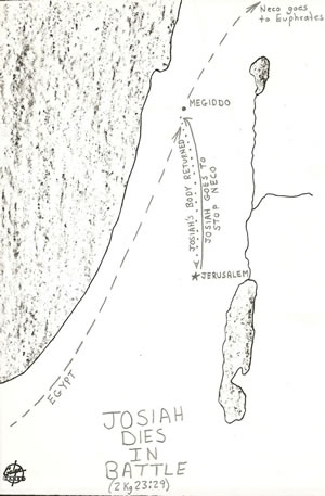 Details of Josiah death in battle verse Pharaoh Neco in 2 Kings 23:29 placed on a map.