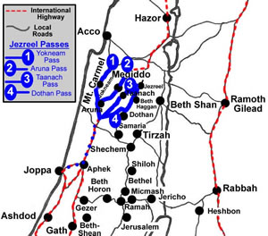 The four passes through the foot hills of Mount Carmel to exit or to access the Megiddo Valley (Jezreel Valley) are identified on this map along with the major local roads and the two international highways. 