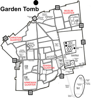Location of the Garden Tomb outside the walls of the Old City Jerusalem. 