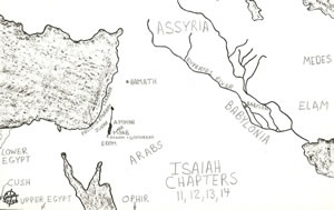 Locations mentioned in Isaiah chapters 11, 12, 13 and 14 detailed on a map.