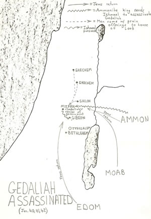 Details of locations mentioned in Jeremiah 40-42 and the assassination of Nebuchadnezzar's appointed governor of Judah, Gedaliah in 586 BC.