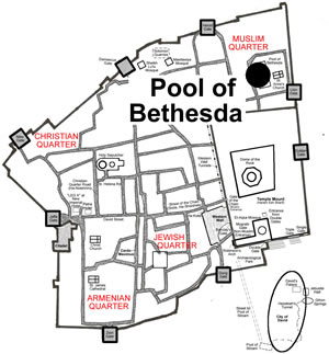 A map of today's Old City of Jerusalem with the Pool of Bethesda located in the NE part of the city in the Muslim Quarter.